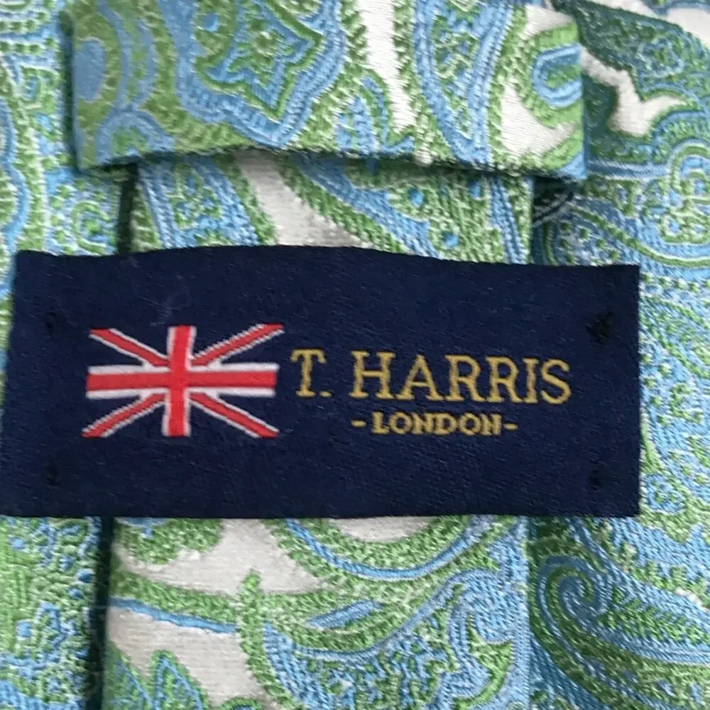 T. Harris London 100% Silk Blue Green Paisley Tie